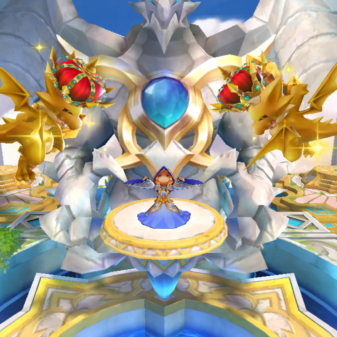 Still frame of summoning animation with two gold fafnirs beside robed summoner