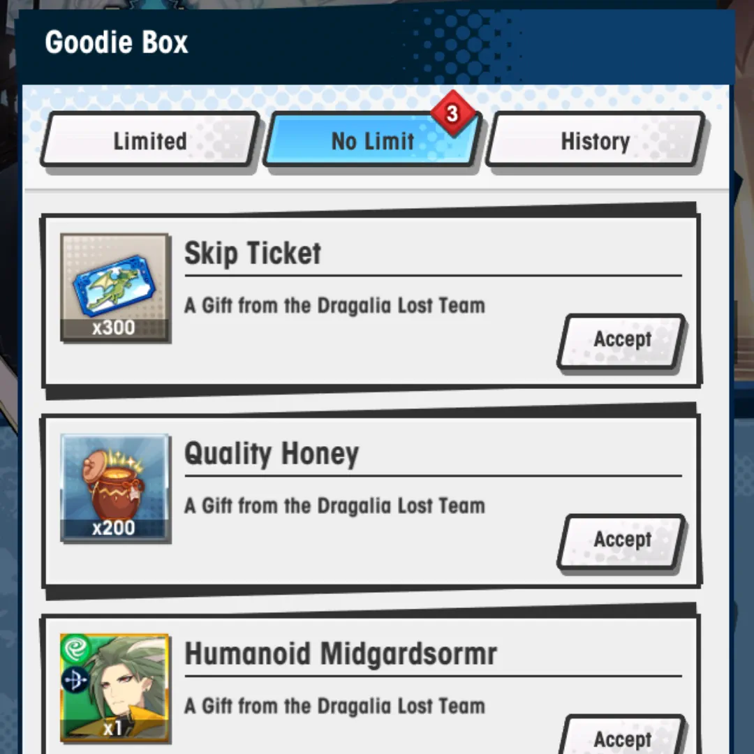 Present box with 300 skip tickets, 200 quality honey, and 1 Humanoid Midgardsormr available to claim